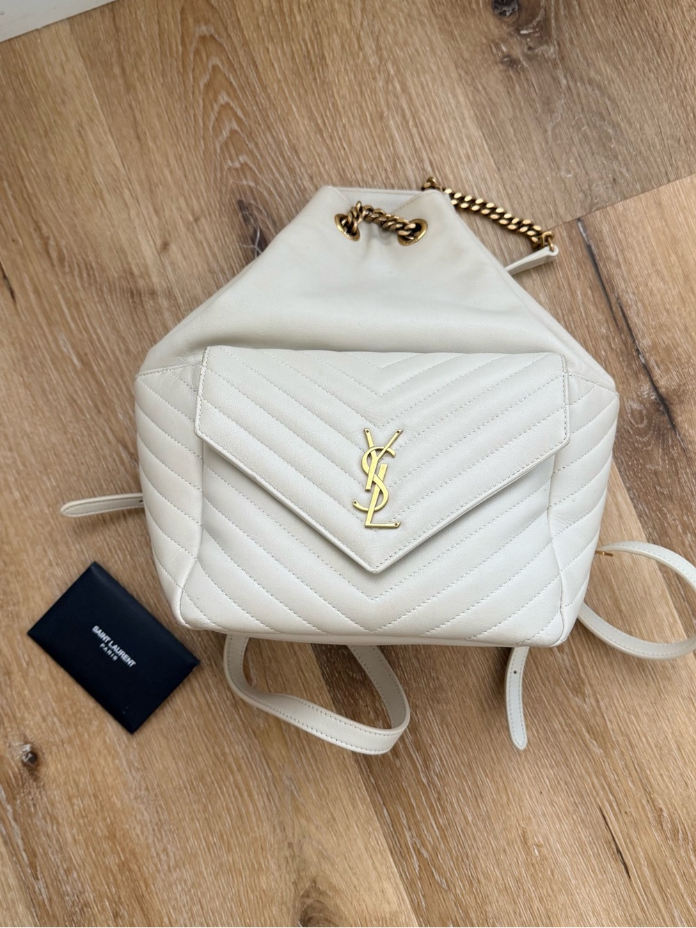 Saint Laurent Off-White Quilted Leather Backpack with Gold YSL Logo